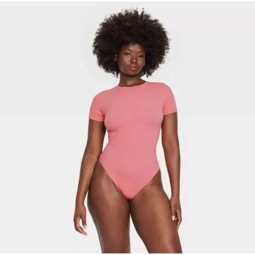 Auden Women's Luxe Stretch Thong Bodysuit Coral Pink Size M